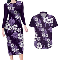 Hawaiian Hibiscus Tribal Floral Purple Couples Matching Long Sleeve Bodycon Dress and Hawaiian Shirt Polynesian Tapa Pattern - Polynesian Pride