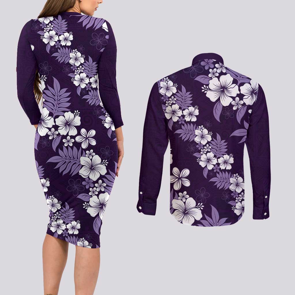 Hawaiian Hibiscus Tribal Floral Purple Couples Matching Long Sleeve Bodycon Dress and Long Sleeve Button Shirt Polynesian Tapa Pattern - Polynesian Pride