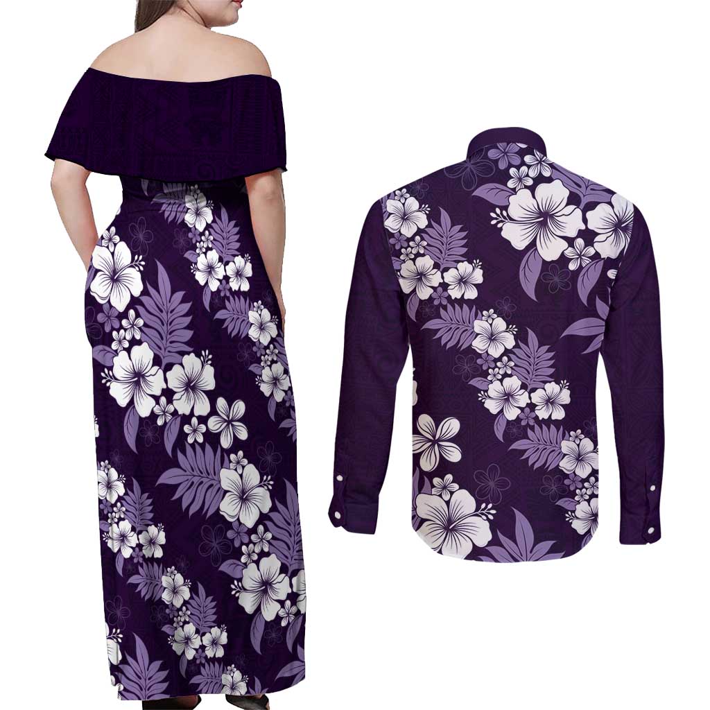 Hawaiian Hibiscus Tribal Floral Purple Couples Matching Off Shoulder Maxi Dress and Long Sleeve Button Shirt Polynesian Tapa Pattern - Polynesian Pride