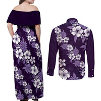 Hawaiian Hibiscus Tribal Floral Purple Couples Matching Off Shoulder Maxi Dress and Long Sleeve Button Shirt Polynesian Tapa Pattern - Polynesian Pride