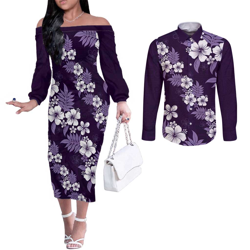 Hawaiian Hibiscus Tribal Floral Purple Couples Matching Off The Shoulder Long Sleeve Dress and Long Sleeve Button Shirt Polynesian Tapa Pattern - Polynesian Pride