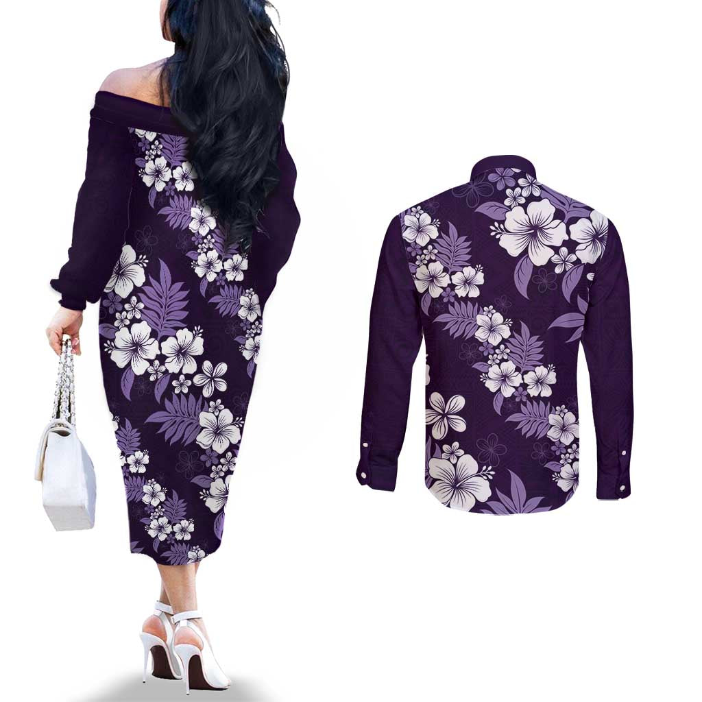 Hawaiian Hibiscus Tribal Floral Purple Couples Matching Off The Shoulder Long Sleeve Dress and Long Sleeve Button Shirt Polynesian Tapa Pattern - Polynesian Pride