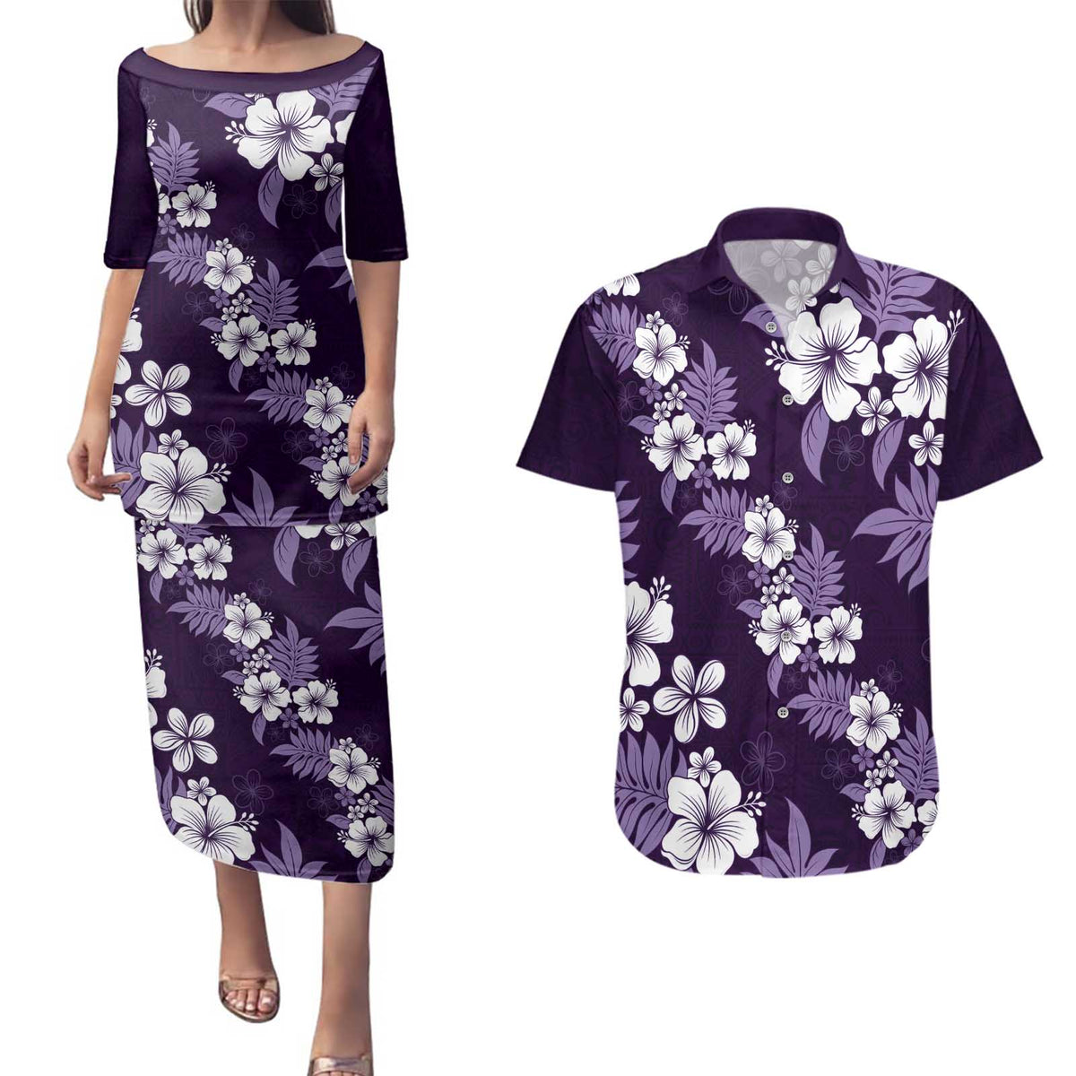 Hawaiian Hibiscus Tribal Floral Purple Couples Matching Puletasi and Hawaiian Shirt Polynesian Tapa Pattern - Polynesian Pride
