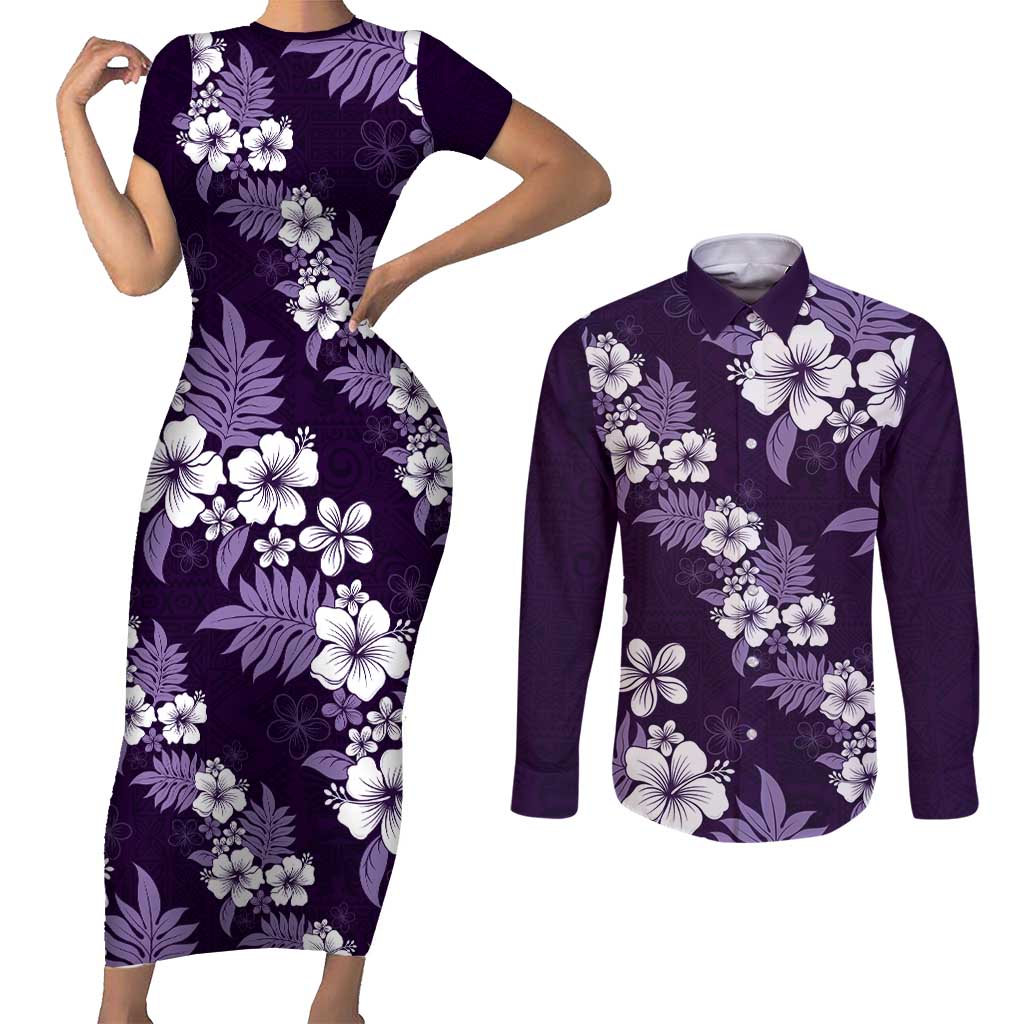 Hawaiian Hibiscus Tribal Floral Purple Couples Matching Short Sleeve Bodycon Dress and Long Sleeve Button Shirt Polynesian Tapa Pattern - Polynesian Pride