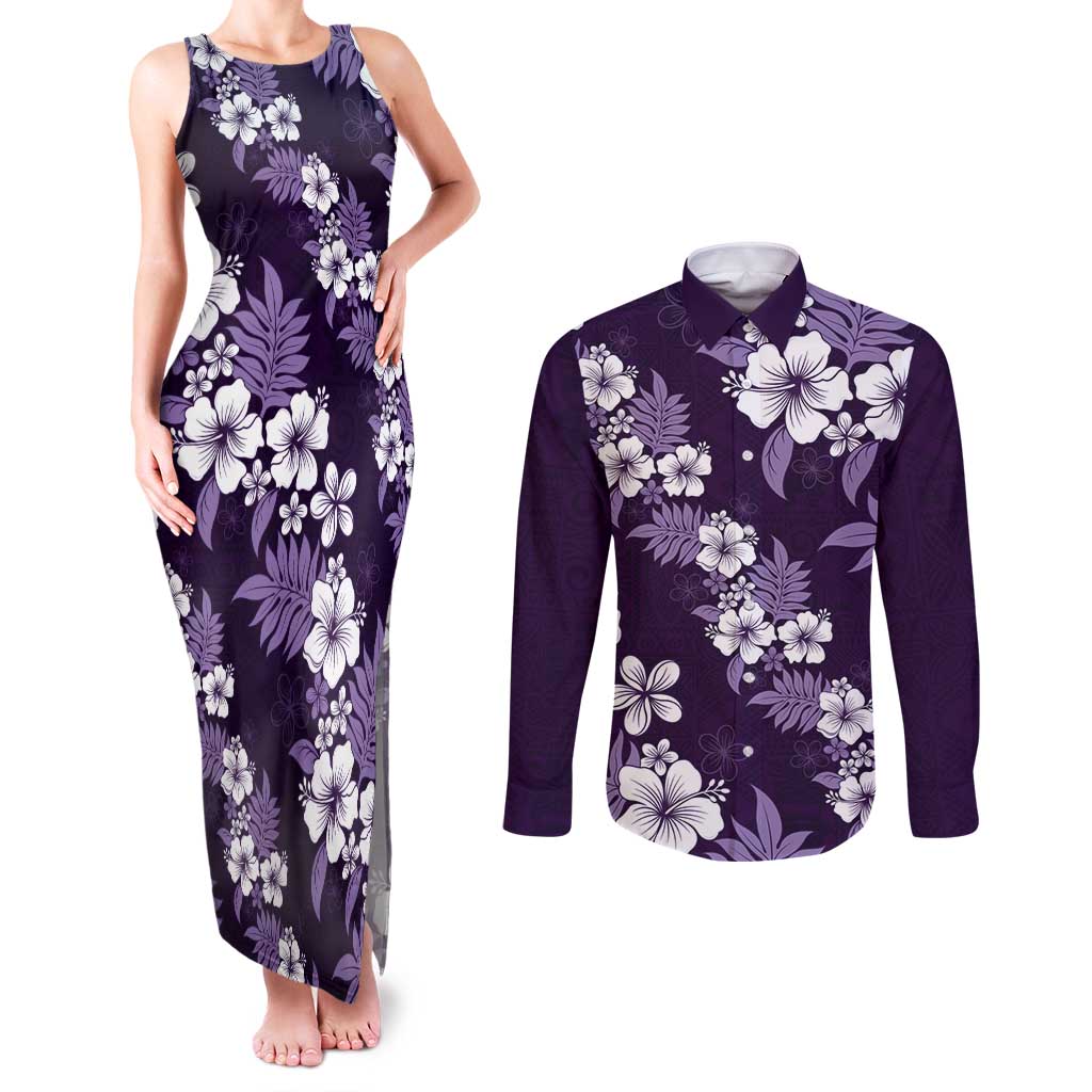 Hawaiian Hibiscus Tribal Floral Purple Couples Matching Tank Maxi Dress and Long Sleeve Button Shirt Polynesian Tapa Pattern - Polynesian Pride