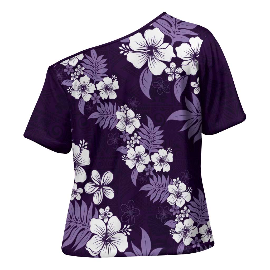 Hawaiian Hibiscus Tribal Floral Purple Cross Shoulder Shirt Polynesian Tapa Pattern - Polynesian Pride