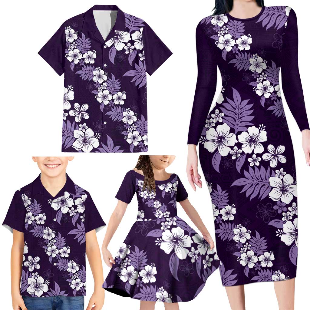 Hawaiian Hibiscus Tribal Floral Purple Family Matching Long Sleeve Bodycon Dress and Hawaiian Shirt Polynesian Tapa Pattern - Polynesian Pride