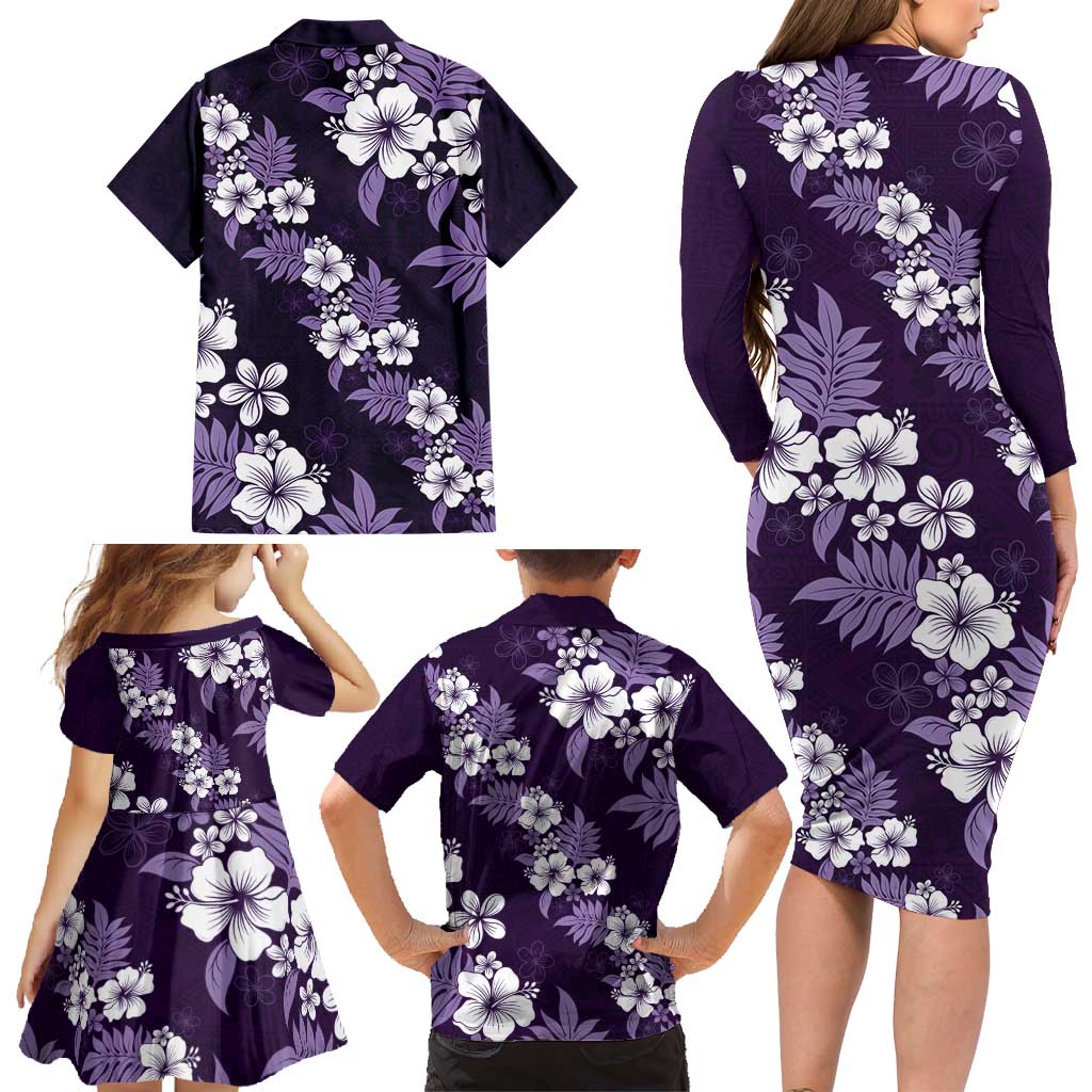 Hawaiian Hibiscus Tribal Floral Purple Family Matching Long Sleeve Bodycon Dress and Hawaiian Shirt Polynesian Tapa Pattern - Polynesian Pride