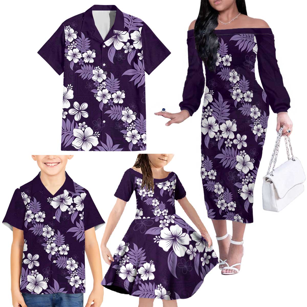 Hawaiian Hibiscus Tribal Floral Purple Family Matching Off The Shoulder Long Sleeve Dress and Hawaiian Shirt Polynesian Tapa Pattern - Polynesian Pride