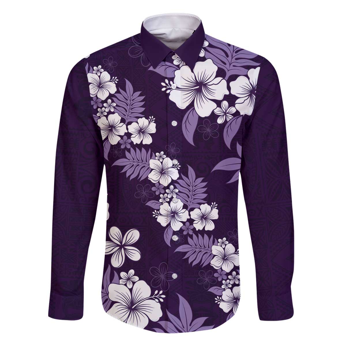 Hawaiian Hibiscus Tribal Floral Purple Family Matching Off The Shoulder Long Sleeve Dress and Hawaiian Shirt Polynesian Tapa Pattern - Polynesian Pride