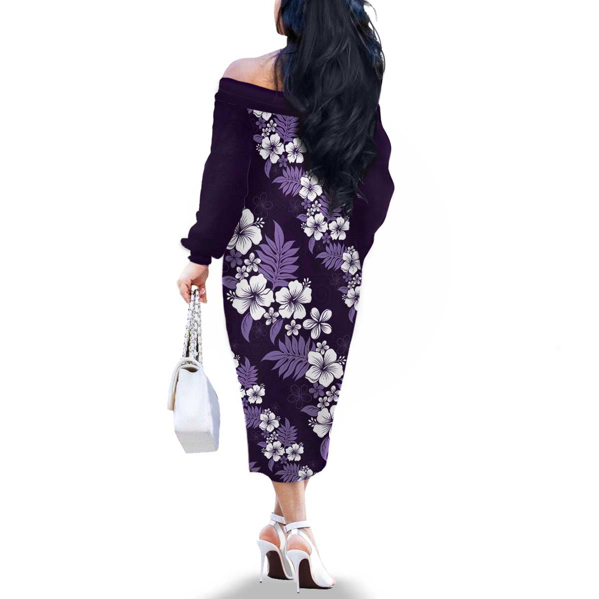Hawaiian Hibiscus Tribal Floral Purple Family Matching Off The Shoulder Long Sleeve Dress and Hawaiian Shirt Polynesian Tapa Pattern - Polynesian Pride