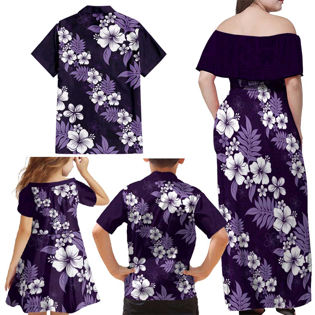Hawaiian Hibiscus Tribal Floral Purple Family Matching Off Shoulder Maxi Dress and Hawaiian Shirt Polynesian Tapa Pattern - Polynesian Pride