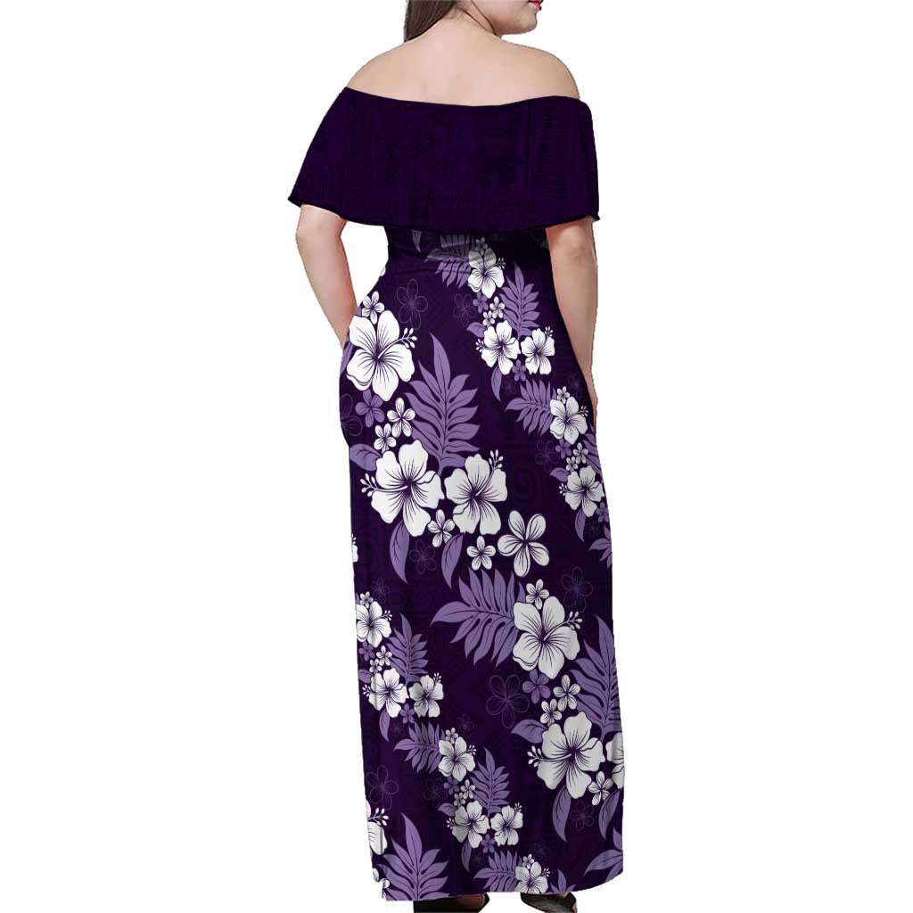 Hawaiian Hibiscus Tribal Floral Purple Family Matching Off Shoulder Maxi Dress and Hawaiian Shirt Polynesian Tapa Pattern - Polynesian Pride