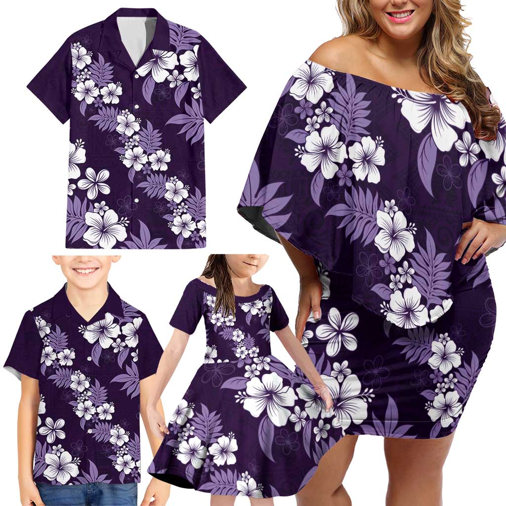Hawaiian Hibiscus Tribal Floral Purple Family Matching Off Shoulder Short Dress and Hawaiian Shirt Polynesian Tapa Pattern - Polynesian Pride