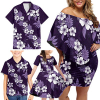Hawaiian Hibiscus Tribal Floral Purple Family Matching Off Shoulder Short Dress and Hawaiian Shirt Polynesian Tapa Pattern - Polynesian Pride