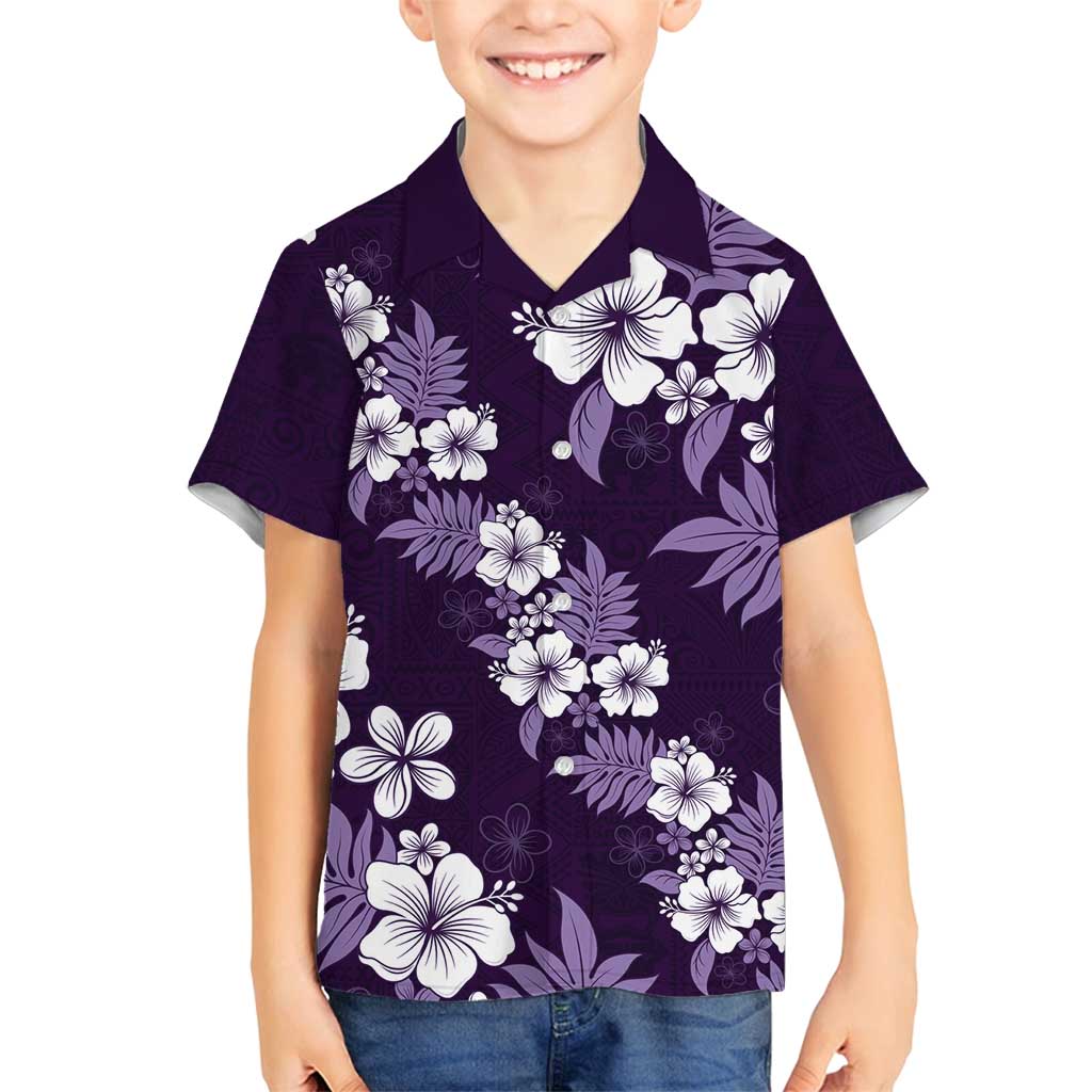 Hawaiian Hibiscus Tribal Floral Purple Family Matching Off Shoulder Short Dress and Hawaiian Shirt Polynesian Tapa Pattern - Polynesian Pride