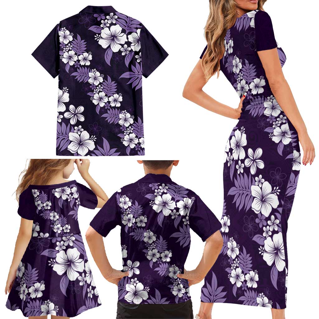 Hawaiian Hibiscus Tribal Floral Purple Family Matching Short Sleeve Bodycon Dress and Hawaiian Shirt Polynesian Tapa Pattern - Polynesian Pride