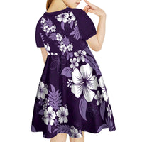 Hawaiian Hibiscus Tribal Floral Purple Kid Short Sleeve Dress Polynesian Tapa Pattern - Polynesian Pride