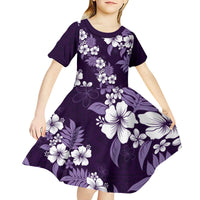 Hawaiian Hibiscus Tribal Floral Purple Kid Short Sleeve Dress Polynesian Tapa Pattern - Polynesian Pride