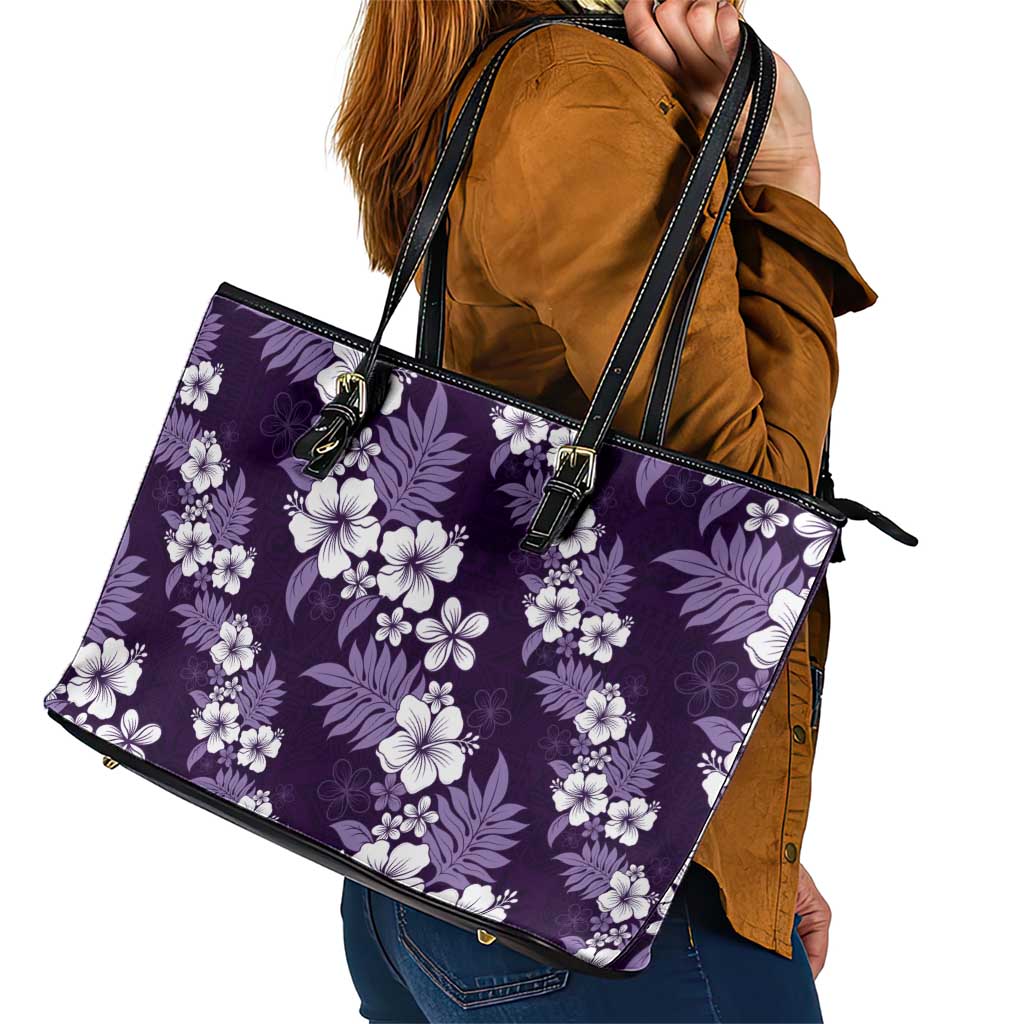 Hawaiian Hibiscus Tribal Floral Purple Leather Tote Bag Polynesian Tapa Pattern - Polynesian Pride