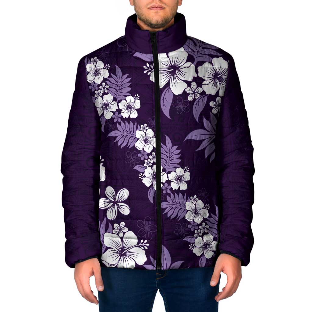 Hawaiian Hibiscus Tribal Floral Purple Padded Jacket Polynesian Tapa Pattern - Polynesian Pride