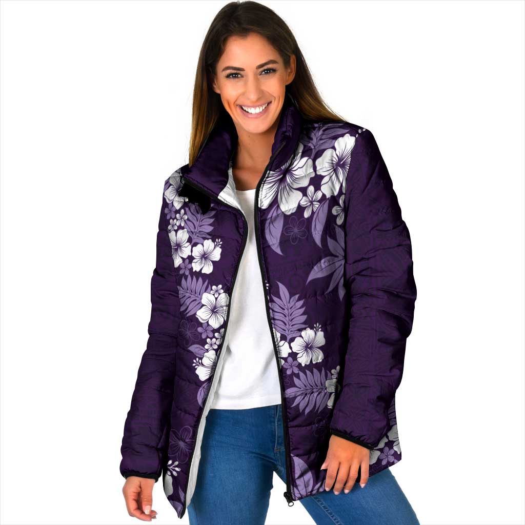 Hawaiian Hibiscus Tribal Floral Purple Padded Jacket Polynesian Tapa Pattern - Polynesian Pride
