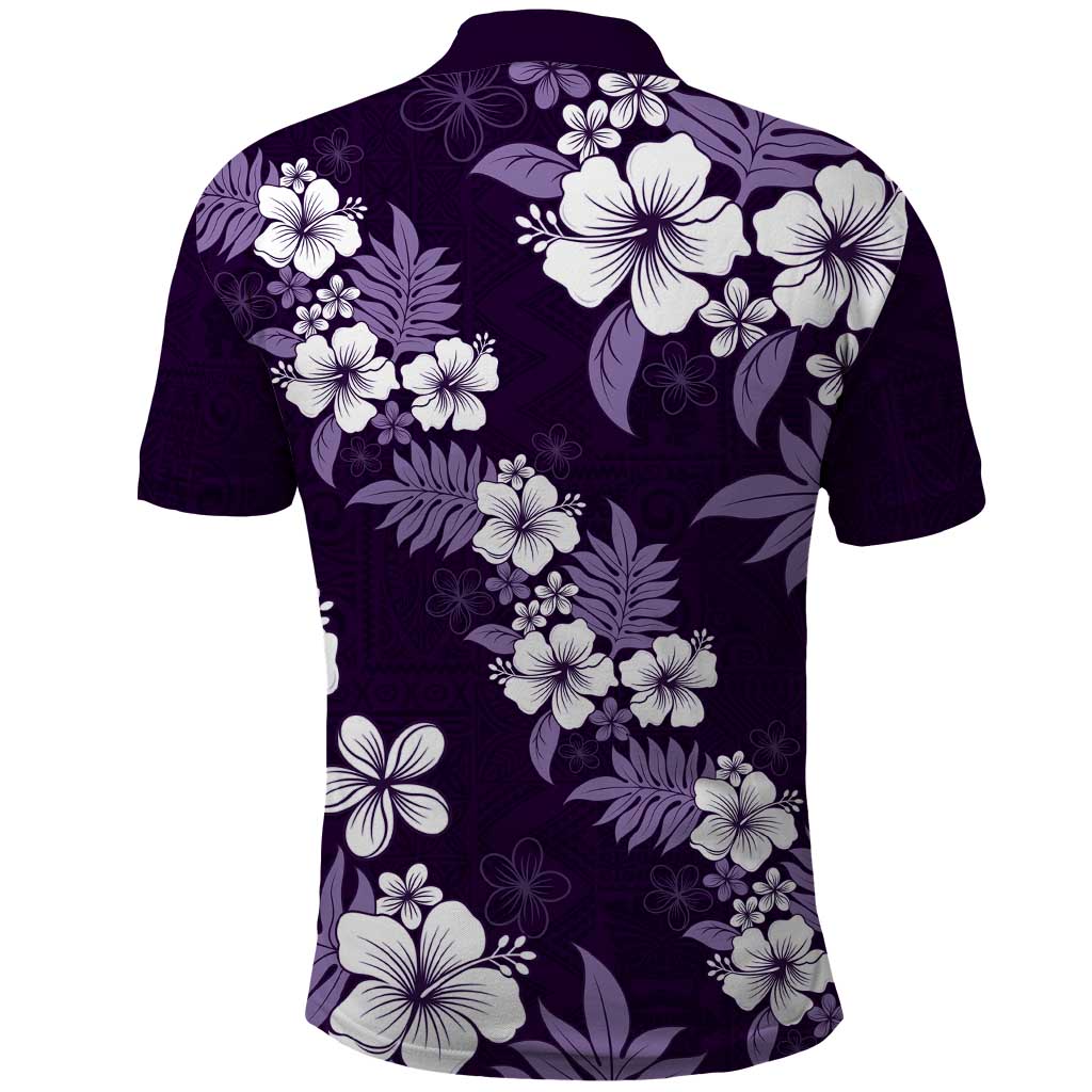 Hawaiian Hibiscus Tribal Floral Purple Polo Shirt Polynesian Tapa Pattern - Polynesian Pride