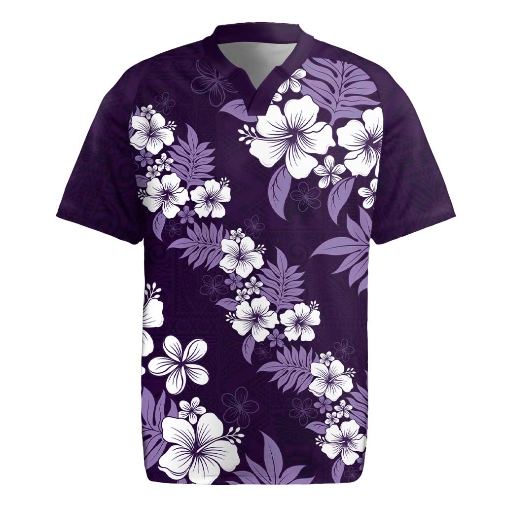 Hawaiian Hibiscus Tribal Floral Purple Rugby Jersey Polynesian Tapa Pattern - Polynesian Pride