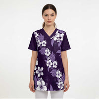 Hawaiian Hibiscus Tribal Floral Purple Scrub Top Polynesian Tapa Pattern - Polynesian Pride