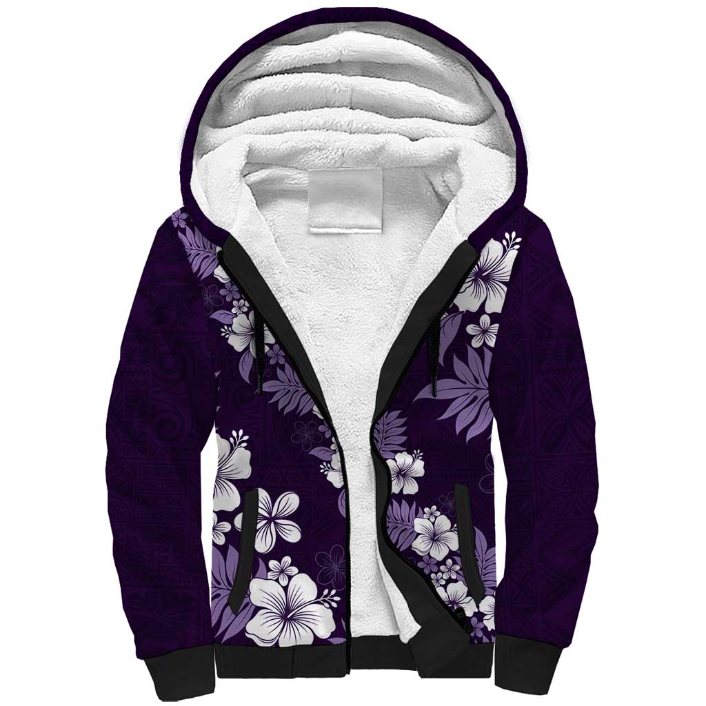 Hawaiian Hibiscus Tribal Floral Purple Sherpa Hoodie Polynesian Tapa Pattern - Polynesian Pride