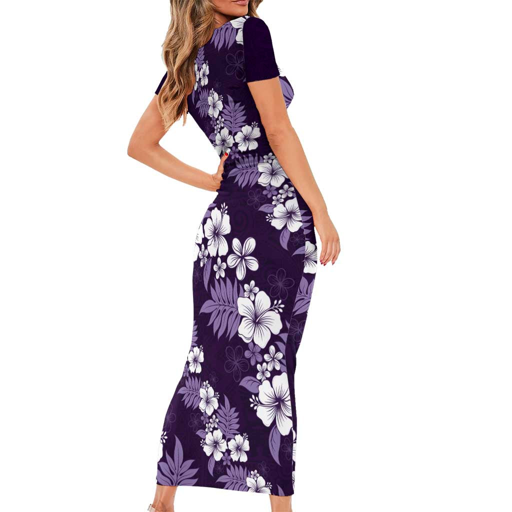 Hawaiian Hibiscus Tribal Floral Purple Short Sleeve Bodycon Dress Polynesian Tapa Pattern - Polynesian Pride