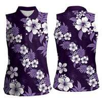 Hawaiian Hibiscus Tribal Floral Purple Women Sleeveless Polo Shirt Polynesian Tapa Pattern - Polynesian Pride