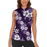 Hawaiian Hibiscus Tribal Floral Purple Women Sleeveless Polo Shirt Polynesian Tapa Pattern - Polynesian Pride
