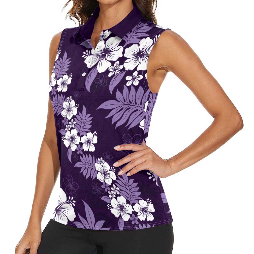 Hawaiian Hibiscus Tribal Floral Purple Women Sleeveless Polo Shirt Polynesian Tapa Pattern - Polynesian Pride
