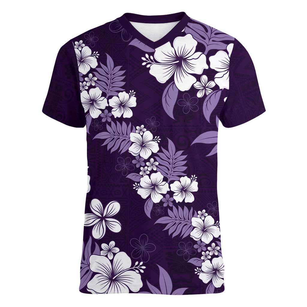 Hawaiian Hibiscus Tribal Floral Purple Women V-Neck T-Shirt Polynesian Tapa Pattern - Polynesian Pride