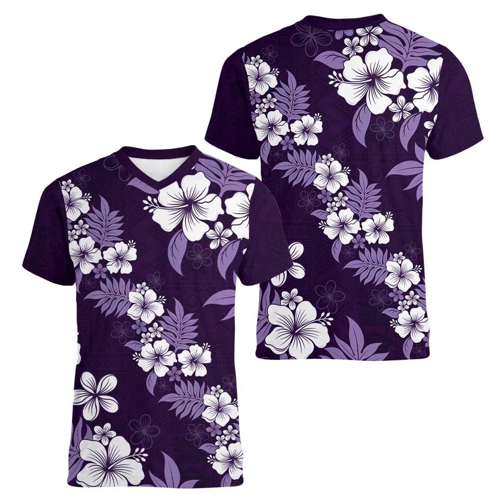 Hawaiian Hibiscus Tribal Floral Purple Women V-Neck T-Shirt Polynesian Tapa Pattern - Polynesian Pride