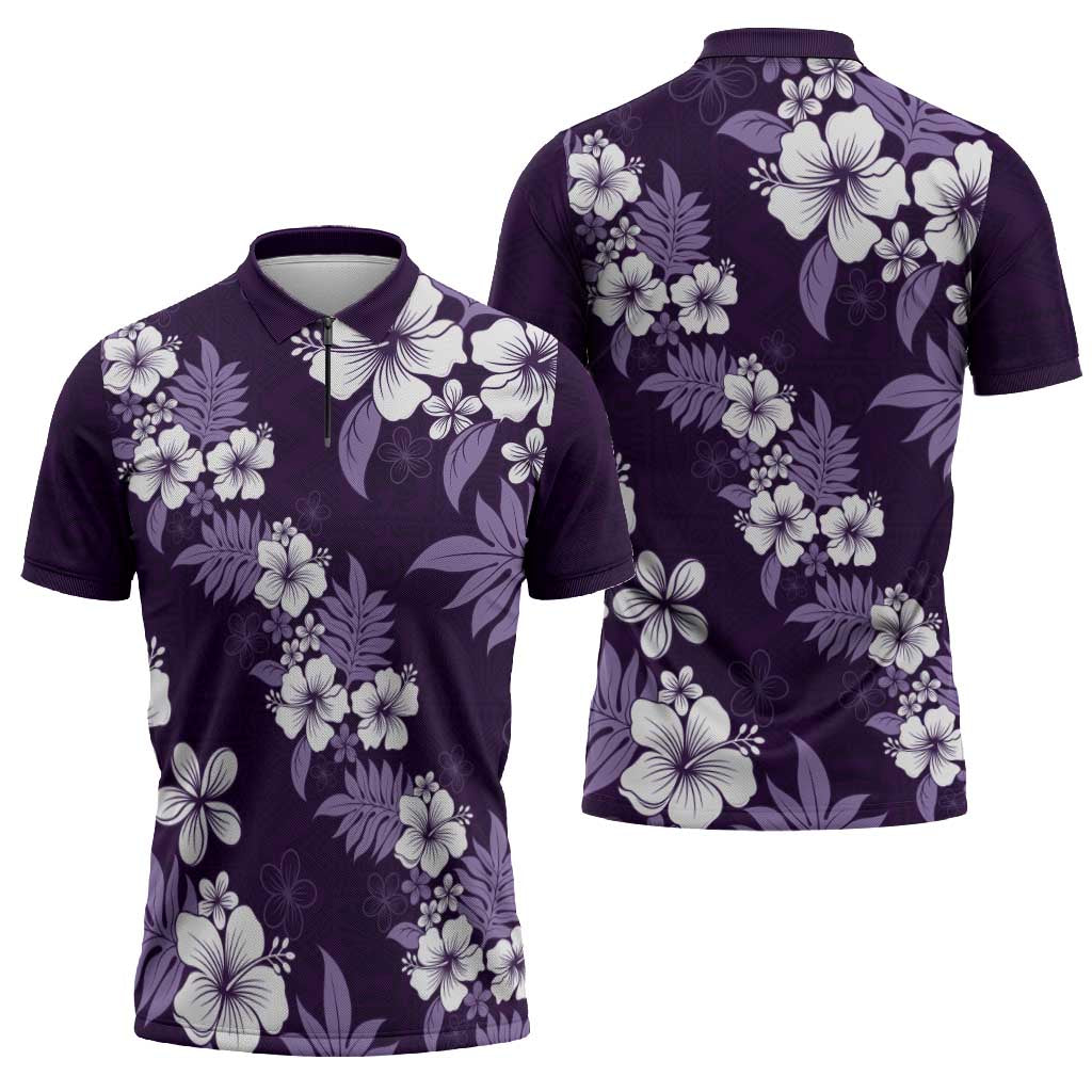 Hawaiian Hibiscus Tribal Floral Purple Zipper Polo Shirt Polynesian Tapa Pattern - Polynesian Pride