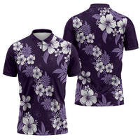Hawaiian Hibiscus Tribal Floral Purple Zipper Polo Shirt Polynesian Tapa Pattern - Polynesian Pride