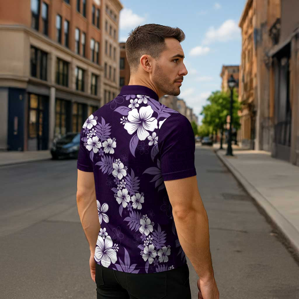 Hawaiian Hibiscus Tribal Floral Purple Zipper Polo Shirt Polynesian Tapa Pattern - Polynesian Pride