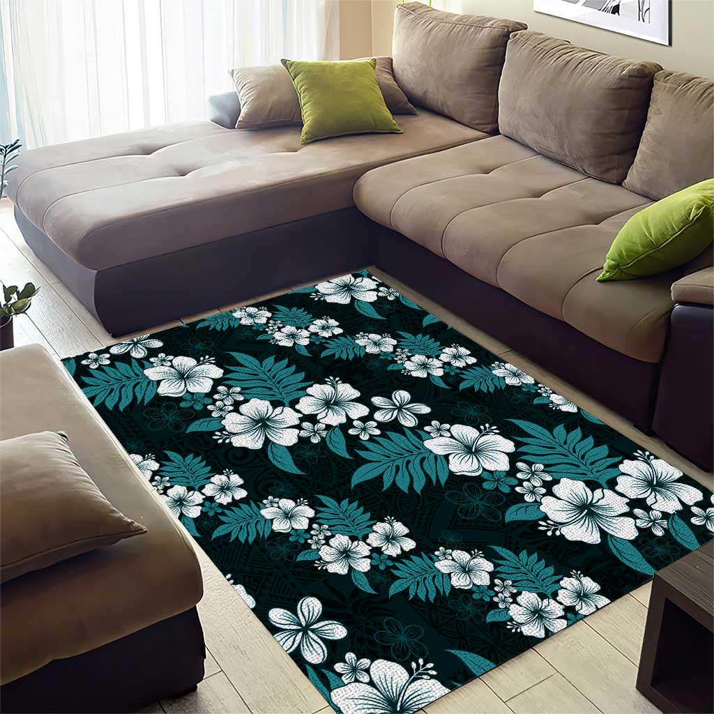 Hawaiian Hibiscus Tribal Floral Teal Area Rug Polynesian Tapa Pattern - Polynesian Pride