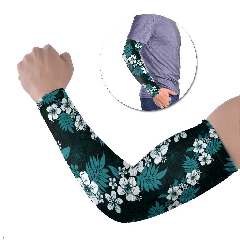 Hawaiian Hibiscus Tribal Floral Teal Arm Sleeves Polynesian Tapa Pattern - Polynesian Pride