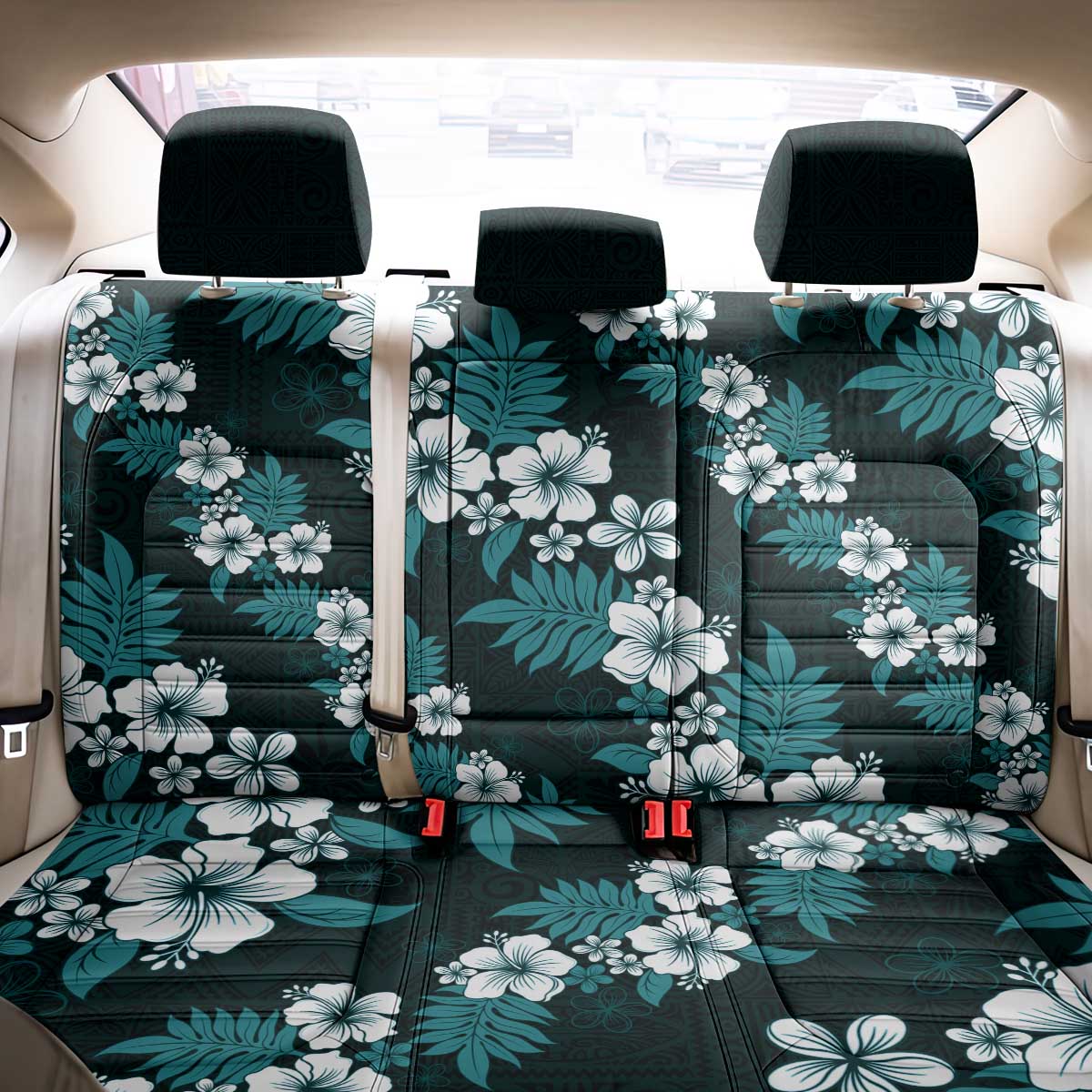 Hawaiian Hibiscus Tribal Floral Teal Back Car Seat Cover Polynesian Tapa Pattern - Polynesian Pride