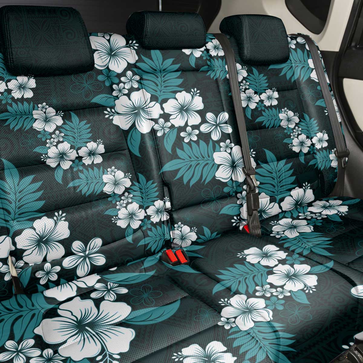 Hawaiian Hibiscus Tribal Floral Teal Back Car Seat Cover Polynesian Tapa Pattern - Polynesian Pride