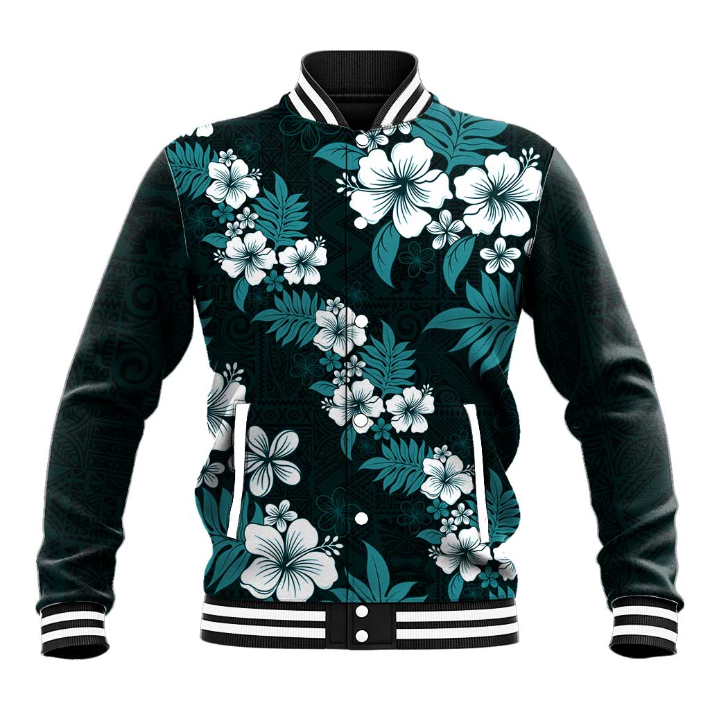 Hawaiian Hibiscus Tribal Floral Teal Baseball Jacket Polynesian Tapa Pattern - Polynesian Pride