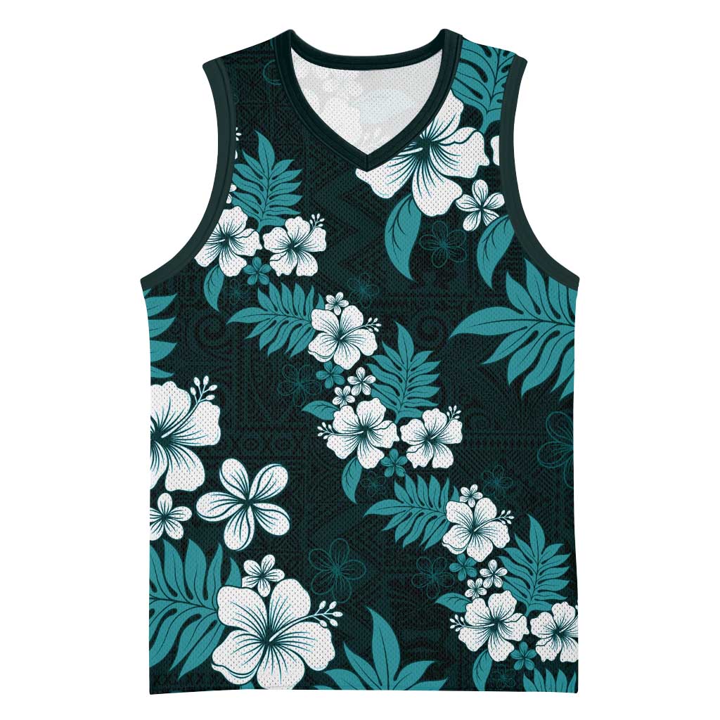 Hawaiian Hibiscus Tribal Floral Teal Basketball Jersey Polynesian Tapa Pattern - Polynesian Pride
