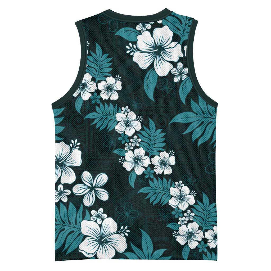Hawaiian Hibiscus Tribal Floral Teal Basketball Jersey Polynesian Tapa Pattern - Polynesian Pride