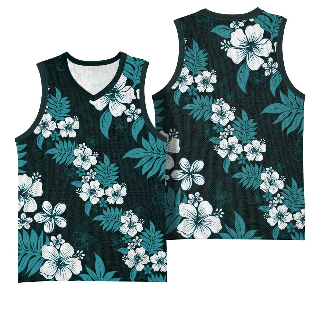 Hawaiian Hibiscus Tribal Floral Teal Basketball Jersey Polynesian Tapa Pattern - Polynesian Pride