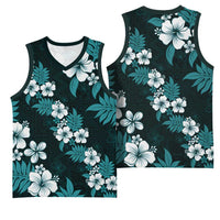 Hawaiian Hibiscus Tribal Floral Teal Basketball Jersey Polynesian Tapa Pattern - Polynesian Pride
