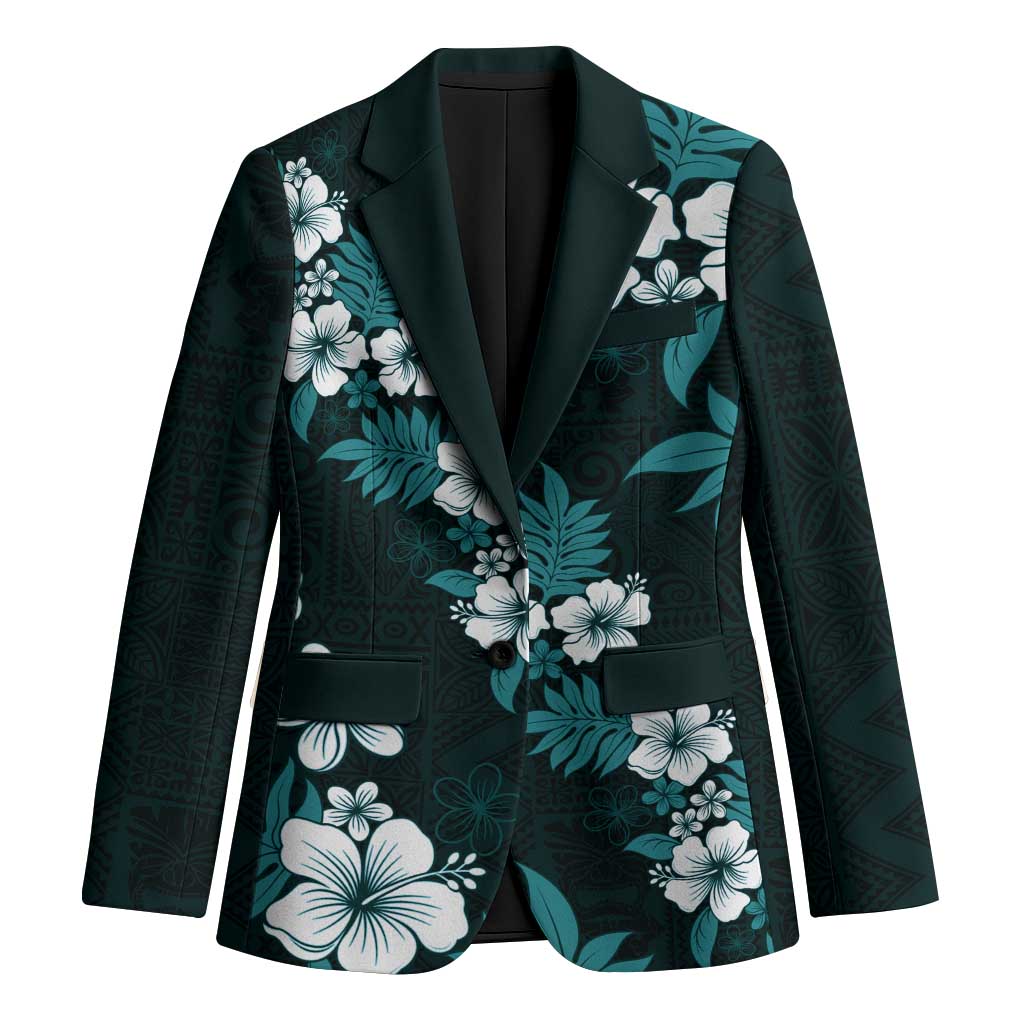 Hawaiian Hibiscus Tribal Floral Teal Blazer Polynesian Tapa Pattern - Polynesian Pride