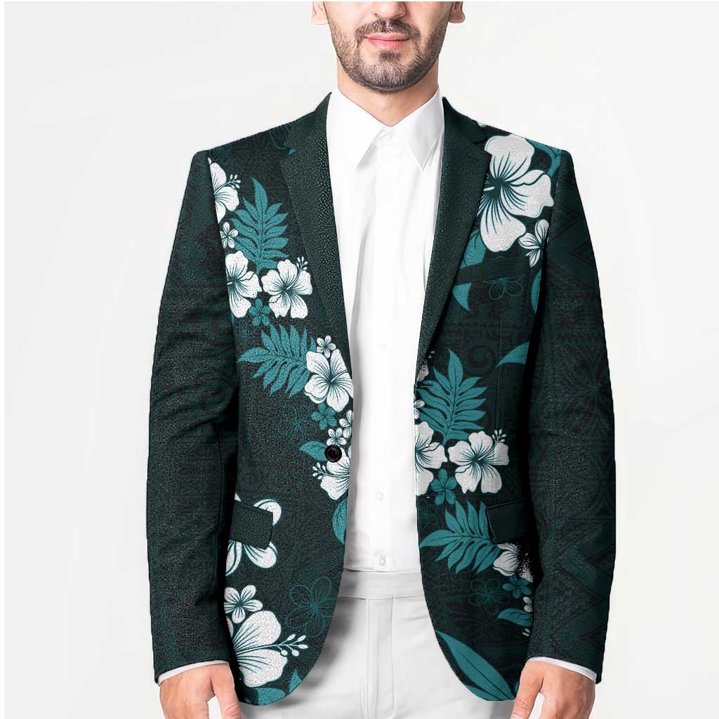 Hawaiian Hibiscus Tribal Floral Teal Blazer Polynesian Tapa Pattern - Polynesian Pride
